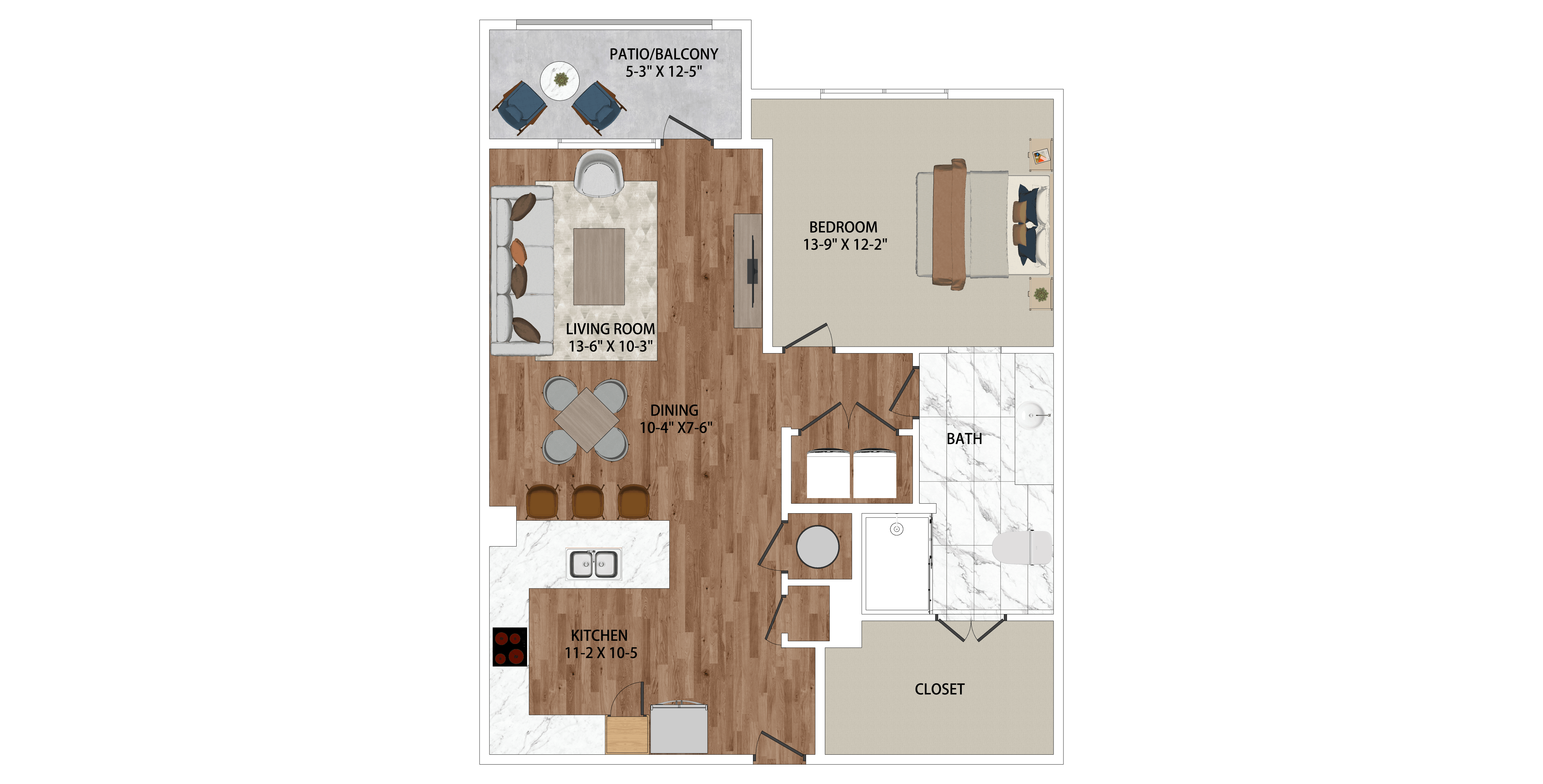 Floor plan for 1 bed, 1 bath, 933 sqft